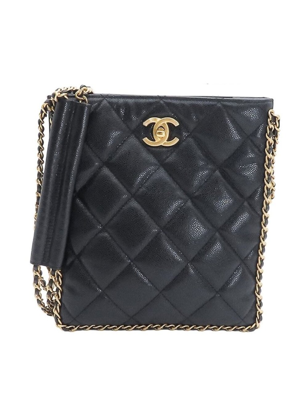Chanel Shopping Black Gold Caviar Leather Small Chain Quilted Shoulder Bag
